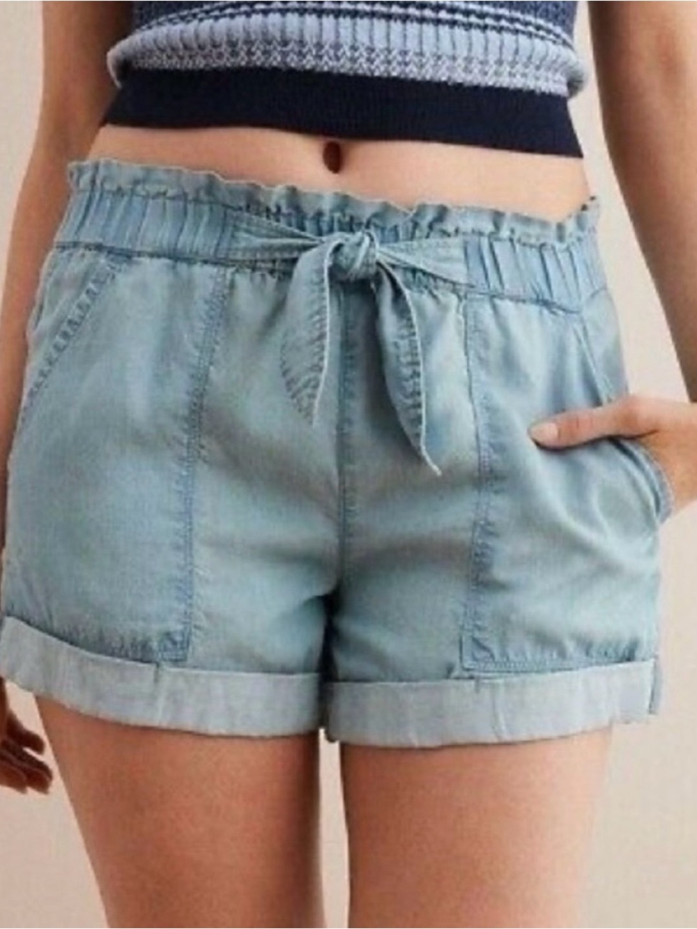 Aerie Pull-on Paper Bag Elastic Waist Denim Blue Chambray Shorts Lightweight
